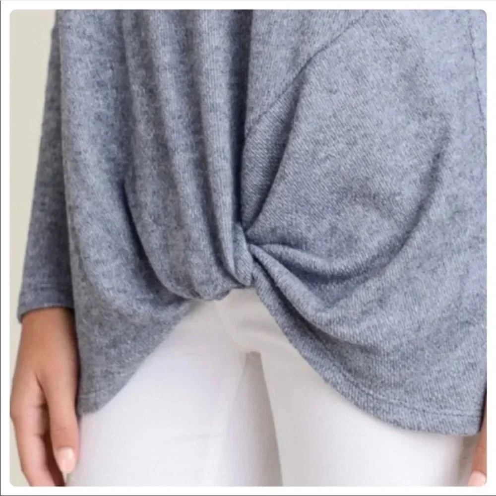 Leopard Contrast Blue Long Sleeve Top | Soft Twist Hem Knit